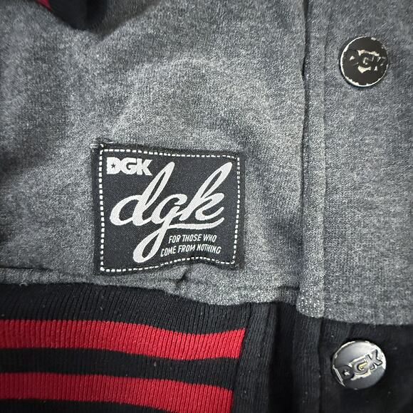DGK Varsity Jacket Gray Black Red Large Logo Patch Snap Front Streetwear - Picture 6 of 9